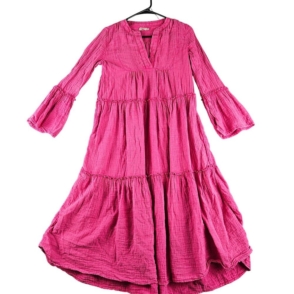 Faherty Pink Gauze Vida Tiered Boho Maxi Dress Cottagecore Prairie Peasant XS